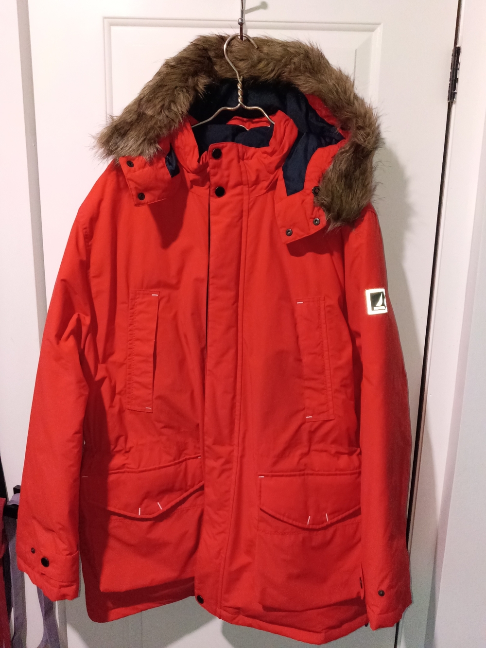 Men's Orange Winter Parka Jacket with Faux Fur Hood